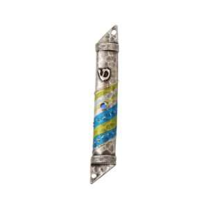  Semicircle Pewter Mezuzah with Blue Bead, Blue Stripes and 