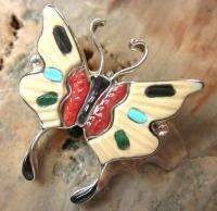 Vintage ZUNI Indian Sterling Silver Multi Gem Inlay Butterfly Pendant 