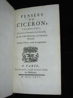 1764 Antique French Latin Book ~ CICERO Pensees de Ciceron Philosophy 