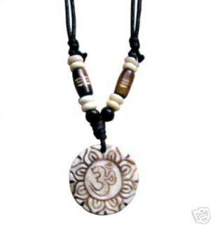 Tibet Carved Om Lotus Buddha Ox Pendant Hippie Necklace  