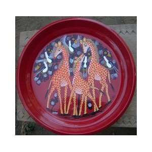  African Art Tingatinga Giraffe Hand Painted Serving Tray 