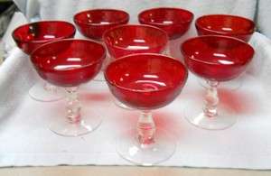 UNKNOWN crystal Set of (8) Eight RUBY BOWL clear stemed CHAMPAGNE 