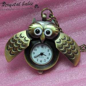 Antique Brass Open wings Owl Quartz Pocket Pendant Watch Necklace 