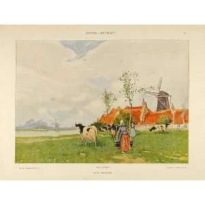   Landscape Holland Windmill Farm Cow   Original Print