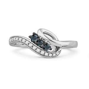 10 KT White Gold Blue And White Round Diamond Twisted Fashion Ring (1 