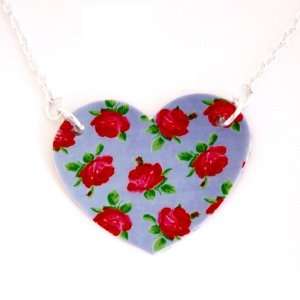 Sour Cherry Silver plated base Blue Kitsch Floral Heart Necklace (18 