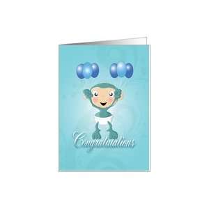 baby chimp balloons blue   congratulations Card