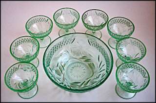  depression glass 8 berry bowl and 8 sherbets were made by the U.S 