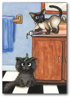   Cat Grey Kitten Bathroom Tricky Toothpaste Cat Humor ArT LE Print ACEO