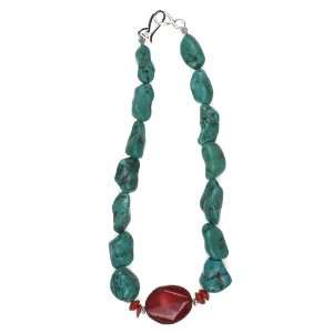   Silver Genuine Turquoise Nugget and Coral Necklace, 16 Jewelry