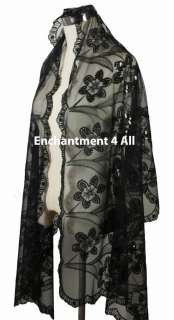   Oblong Scarf Shawl Wrap w/ Sequin Floral Art Pattern, Black 3  