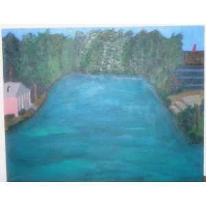   Painting, Authentic Acrylic Landscape, Backyard Pond