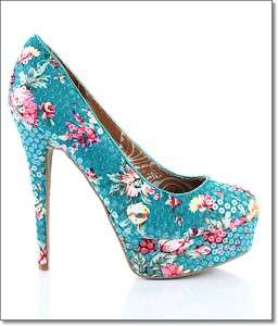 Womens Shoes DOLLHOUSE Floral Sequin Round Toe Turq.  