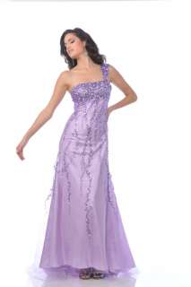   shoulder long gown with bead work covering the single strap and bodice