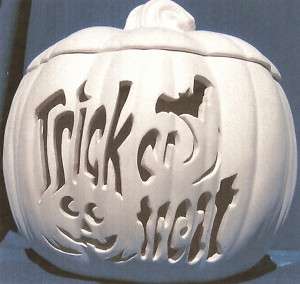 TRICK OR TREAT  LIGHTED PUMPKIN CERAMIC BISQUE  