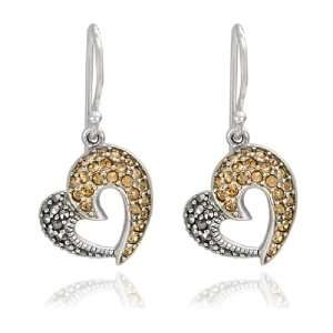  Sterling Silver Marcasite Champagne Crystal Heart Earrings 
