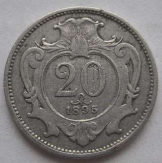 1895 Austria 20 Heller Coin, 100% Authentic.