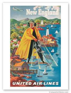 Vintage Travel Poster UNITED AIRLINES New England FEHER  