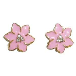  Bright Pink Enamel Flower Pierced Earrings Jewelry