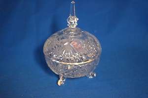 VINTAGE ROUND 3 TOED CANDY DISH WITH LID STAR BURST & FAN PATTERN 