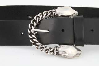 Tobacco Road custom Black Italian Leather Belt Chained Panther Heads 