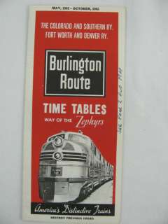 Burlington Route Railroad RR Public Timetable 1962 Zephyr Colorado 
