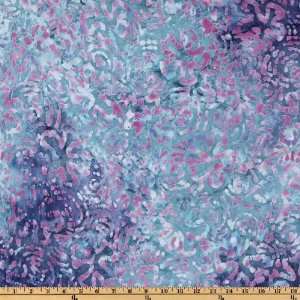  44 Wide Indian Batik Waves Flowers Teal/Lilac Fabric By 
