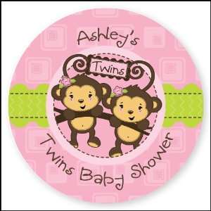  Twin Monkey Girls   24 Round Personalized Baby Shower 