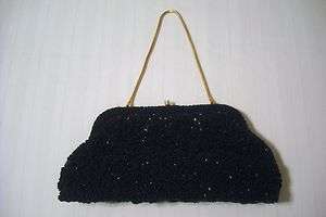 Vintage Black Beaded Evening Bag Clutch Purse Beaded Hong Kong EUC 