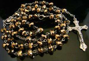 GOLD Glass Beads Rose Rosary Cross Necklace clasp  