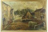 Victorian Antique Yarn Market Dunster Somerset Village Oil Painting 