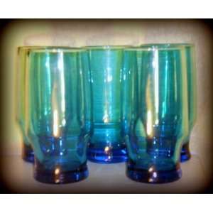  Vintage True Sea Blue Five Beverage Glasses Heavy Palm 