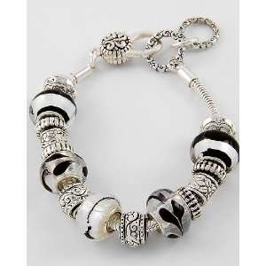  Style Bracelet ~ Black & White Murano Glass Beads & Ornate Silver 
