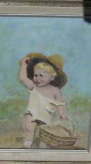BEAUTIFUL PLEIN AIR PAINTING OF LITTLE GIRL WITH PICNIC BASKET  