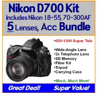 Nikon D700 5 Lens Package Kit 18 55mm, 70 300mm, 650 1300mm, 16GB 