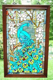 Tiffany Sty stained glass peacock window panel,23x36.5  