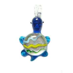  Blue Belle Turtle Glass Foil Pendant with Organza Choker Jewelry
