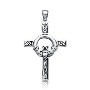  Sterling Silver Celtic Cross Heart Claddagh Pendant 