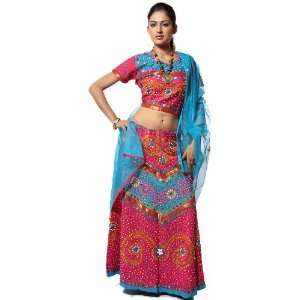 Magenta and Turquoise Lehenga Choli from Gujarat with Large Sequins 