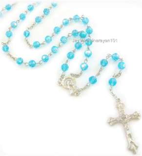 Blue AB Crystal Rosary Glass Beads Cross Necklace 28  