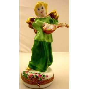 Limoges Green Angel With lute Box 