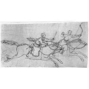  Two Manchus hunting,horseback,spear,arrow,bow,Subsistence 