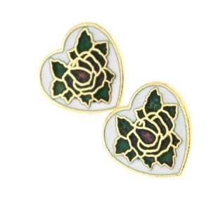 Gold Plated Rose on White Background Clisonne Earrings in Heart Shape 