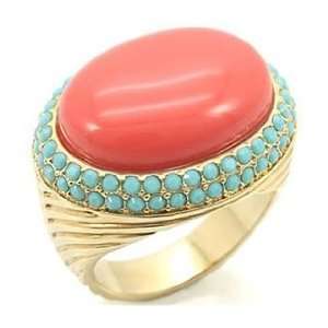 Talullahs 14k Gold Genuine Coral & Turquoise Stone Cocktail Ring   6