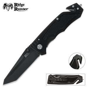 New Ridgerunner Rescue Tac Black Stainless Steel Folding Knife W/Clip 