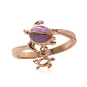 Rose Gold Mom and Baby Turtle Pink Opal Silver Ring