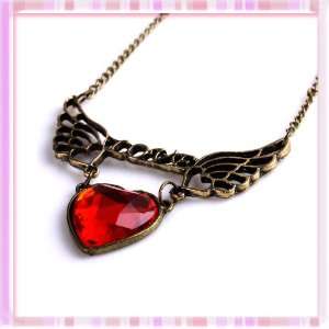 Vintage Hollow Wing Swing Heart Red Acrylic Pendant Necklace Fly New 