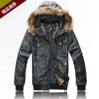   fashion fur side hooded leather PU slim super thick mens Jacket Coat