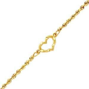    14K Yellow Gold Cut Out Heart Rope Chain Anklet 10 Jewelry