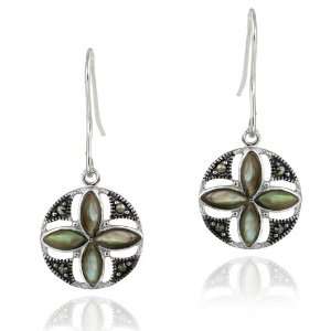    Sterling Silver Abalone & Marcasite Flower Dangle Earrings Jewelry